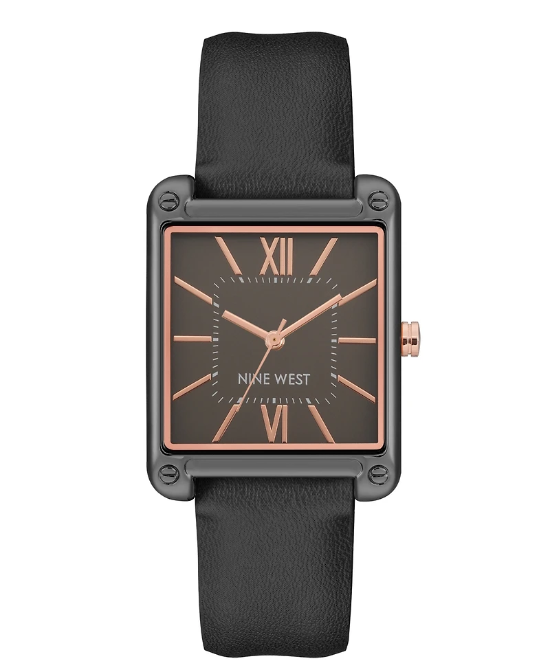 Nine West Women's Quartz Square Black Faux Leather Band Watch, 29mm
