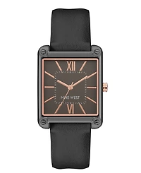Nine West Women's Quartz Square Black Faux Leather Band Watch, 29mm