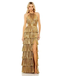Mac Duggal Women's Ieena Heat Pleated Tiered Ruffle Metallic Gown