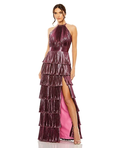 Mac Duggal Women's Ieena Heat Pleated Tiered Ruffle Metallic Gown