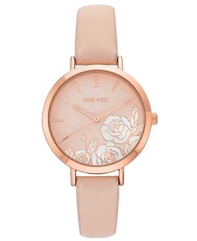 Nine West Women's Quartz Pink Faux Leather Band and Floral Pattern Watch, 36.5mm