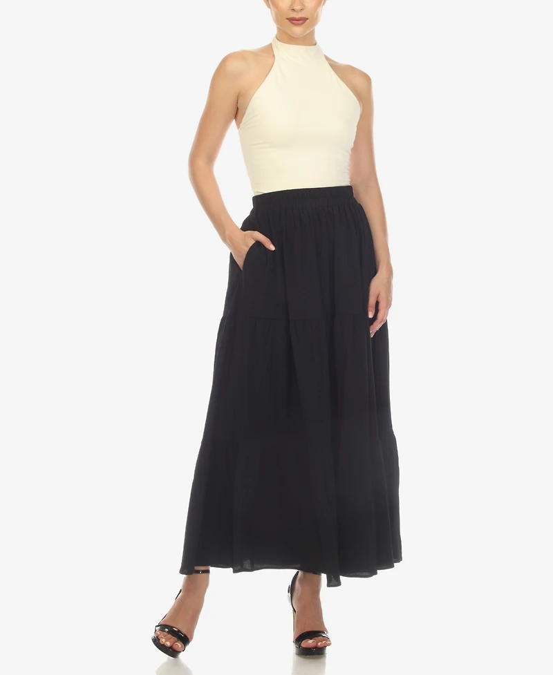 White Mark Women's Pleated Tiered Maxi Skirt