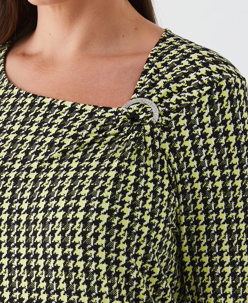 Ella Rafaella Plus Houndstooth Print Asymmetric Neck Long Sleeve Top