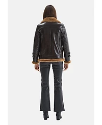 Furniq Uk Women's Shearling Belted Biker Jacket, Rugan Brown with Brown Wool