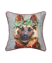 C&F Home 18" x 18" German Shepard Dog Wearing a Red Holly Flower Crown Printed & Embellished Throw Accent Decor Pillow