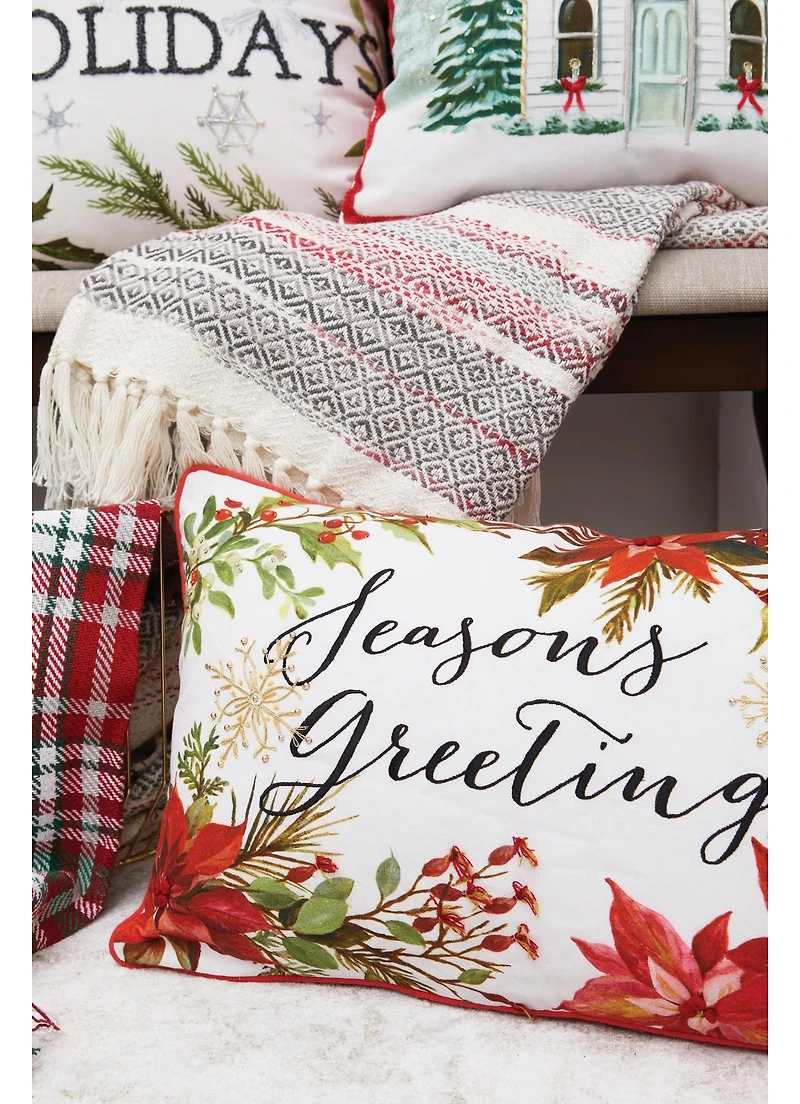 Seasons Greetings Poinsettia Printed and Embroidered Throw Pillow