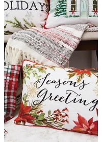 Seasons Greetings Poinsettia Printed and Embroidered Throw Pillow