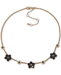 Karl Lagerfeld Paris Gold-Tone Black Flower Frontal Necklace, 16" + 3" extender