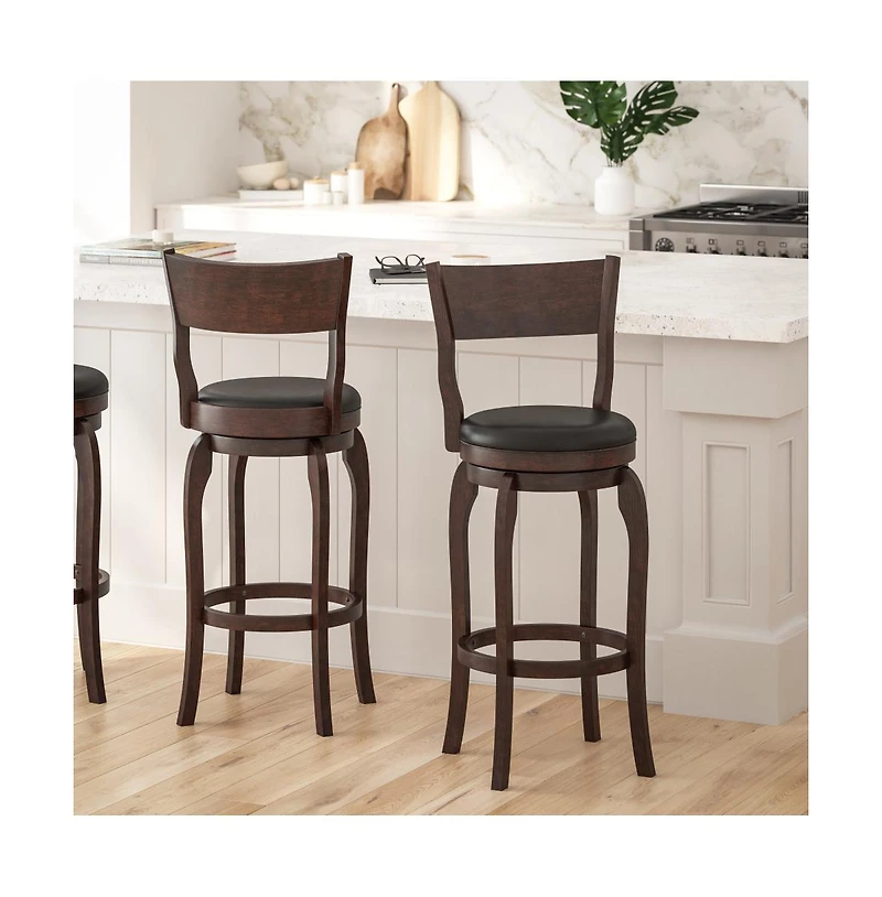 Tally 30" Classic Wooden Open Back Swivel Bar Height Pub Stool With Upholstered Padded Seat And Integrated Footrest