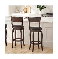 Tally 30" Classic Wooden Open Back Swivel Bar Height Pub Stool With Upholstered Padded Seat And Integrated Footrest