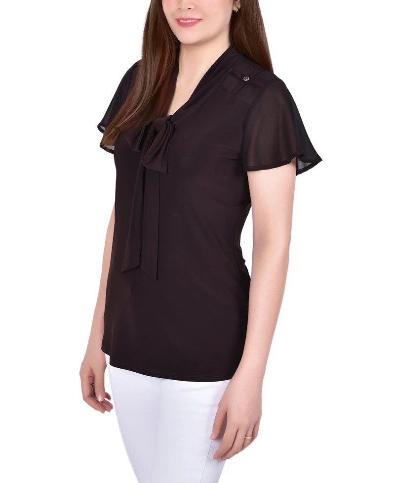 Ny Collection Petite Short Sleeve Top with Mesh Details