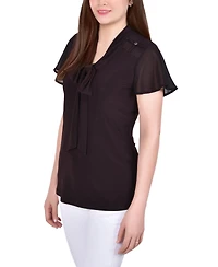 Ny Collection Petite Short Sleeve Top with Mesh Details