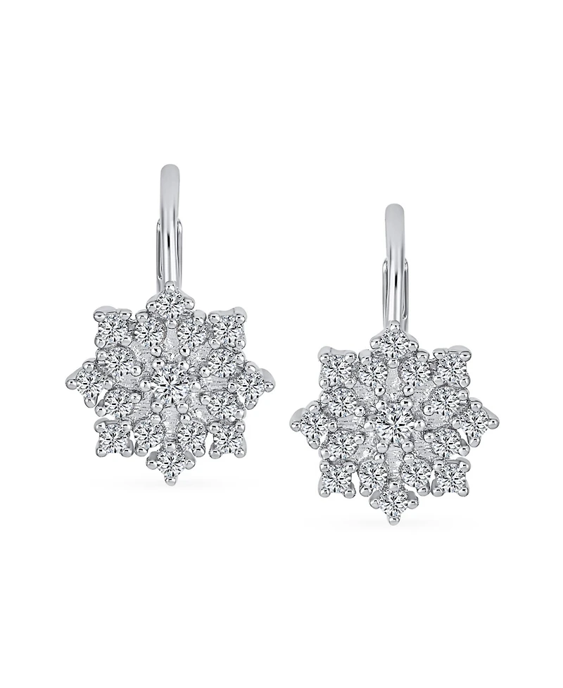 Bling Jewelry Holiday Party Flower Christmas Winter Cubic Zirconia Encrusted Cz Snowflake Drop Lever back Earrings Sterling Silver