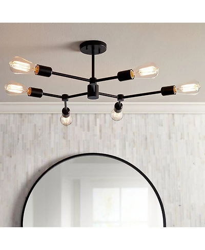 Possini Euro Design Marco Industrial Ceiling Light Semi Flush Mount Fixture 26" Wide Black 6-Light Branching for Bedroom Kitchen Living Room Hall