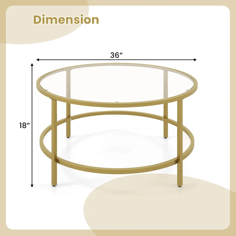 36'' Round Coffee Table Tempered Glass Tabletop Metal Frame Living Room