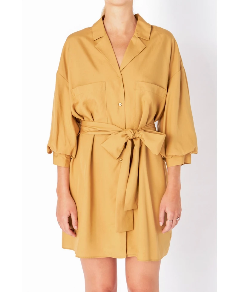 endless rose Women's Blouson Sleeve Belted Shirt Dress