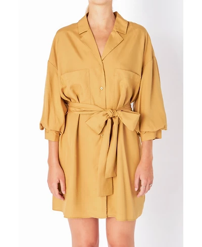 endless rose Women's Blouson Sleeve Belted Shirt Dress