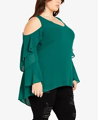 City Chic Plus Hi Lo Cold Shoulder Long Sleeve Top