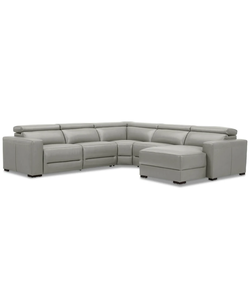 Nevio 124" 5-Pc. Leather Sectional with 1 Power Recliner, Headrests and Chaise, Created For Macy's