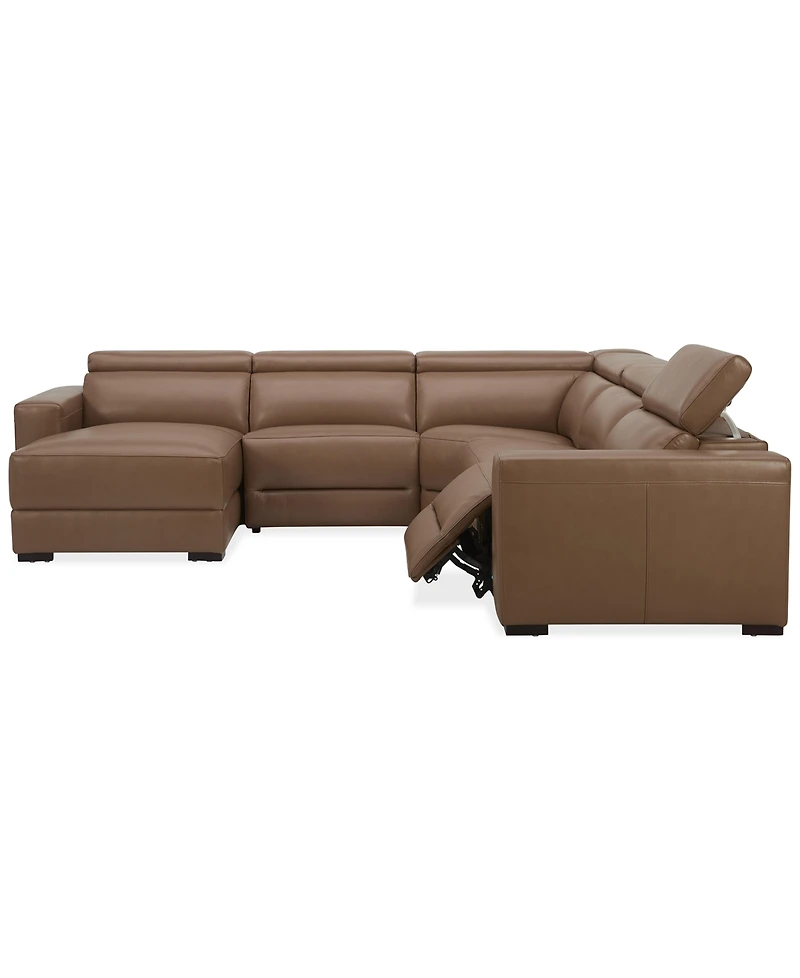 Nevio 124" 5-Pc. Leather Sectional with 1 Power Recliner, Headrests and Chaise, Created For Macy's