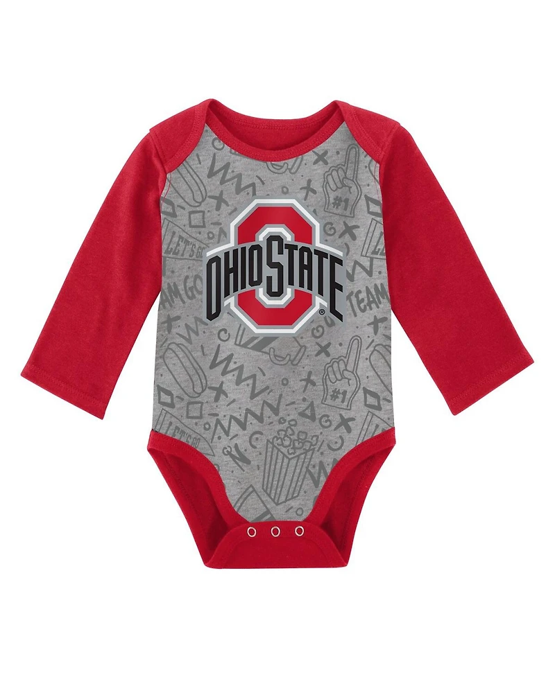 Newborn and Infant Boys Girls White, Gray Ohio State Buckeyes 2-Pack Play Time Long Sleeve Bodysuit Set