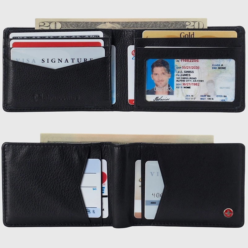 Alpine Swiss Mens Slimfold Wallet Rfid Safe Bifold Genuine Leather Id Window