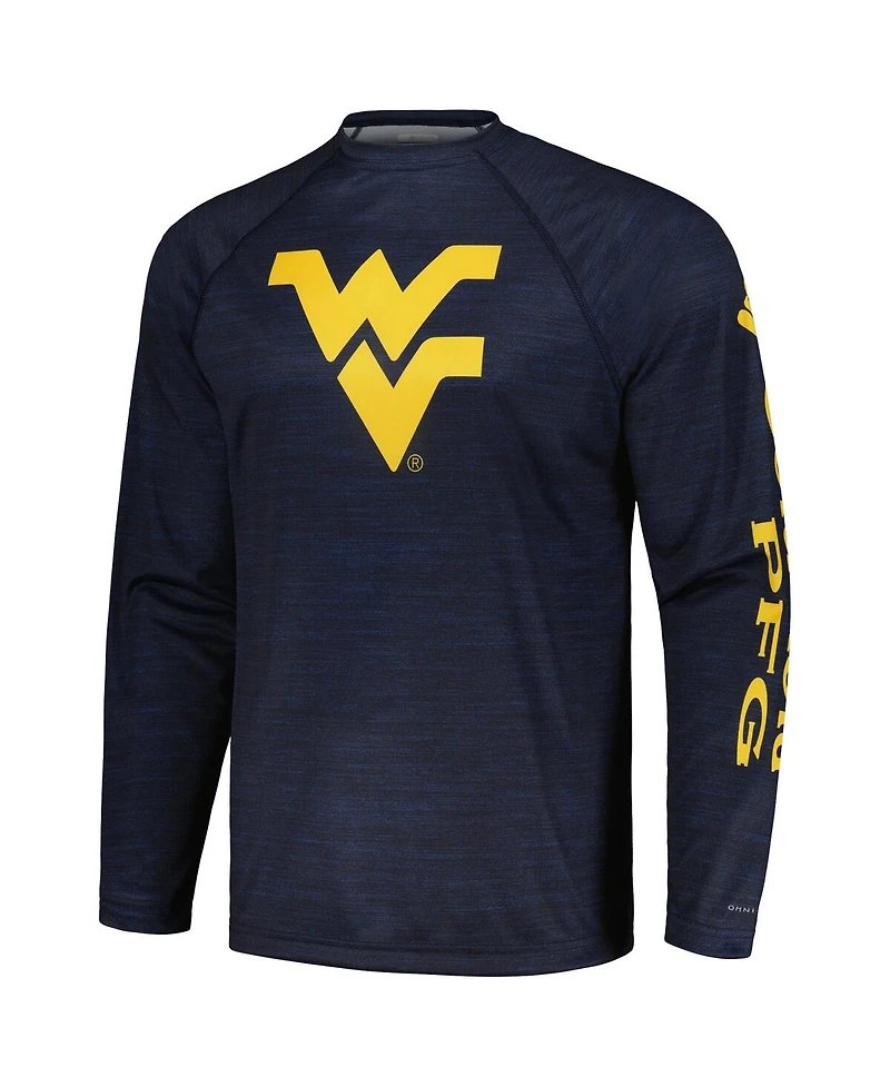 Men's Columbia Navy West Virginia Mountaineers Pfg Terminal Tackle Omni-Shade Raglan Long Sleeve T-shirt