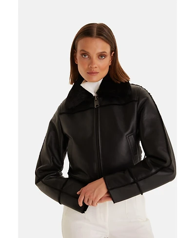 Furniq Uk Women's Genuine Shearling Jacket, Silky Black Inner Wool