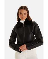 Furniq Uk Women's Genuine Shearling Jacket, Silky Black Inner Wool