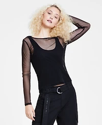 Dkny Jeans Women's Long-Sleeve Crewneck Mesh Top - Blk