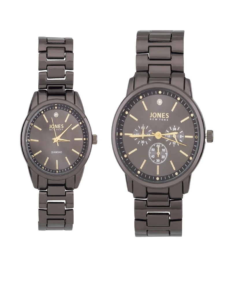 Jones New York Men and Women's Analog Shiny Black Metal Bracelet His Hers Watch 42mm, 32mm Gift Set