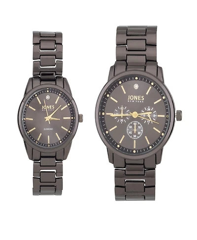 Jones New York Men and Women's Analog Shiny Black Metal Bracelet His Hers Watch 42mm, 32mm Gift Set