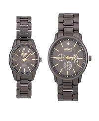 Jones New York Men and Women's Analog Shiny Black Metal Bracelet His Hers Watch 42mm, 32mm Gift Set