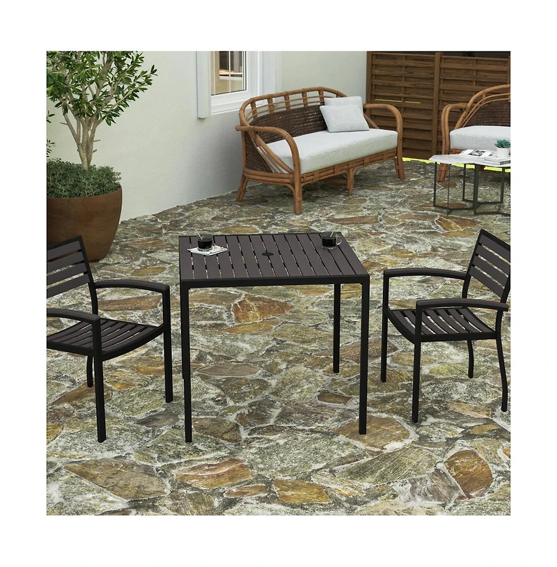 Merrick Lane Faux Teak Outdoor Dining Table With Powder Coated Steel Frame And Umbrella Hole