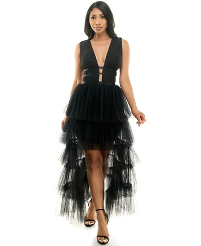 Bebe Women's Tiered High Low Mesh Gown