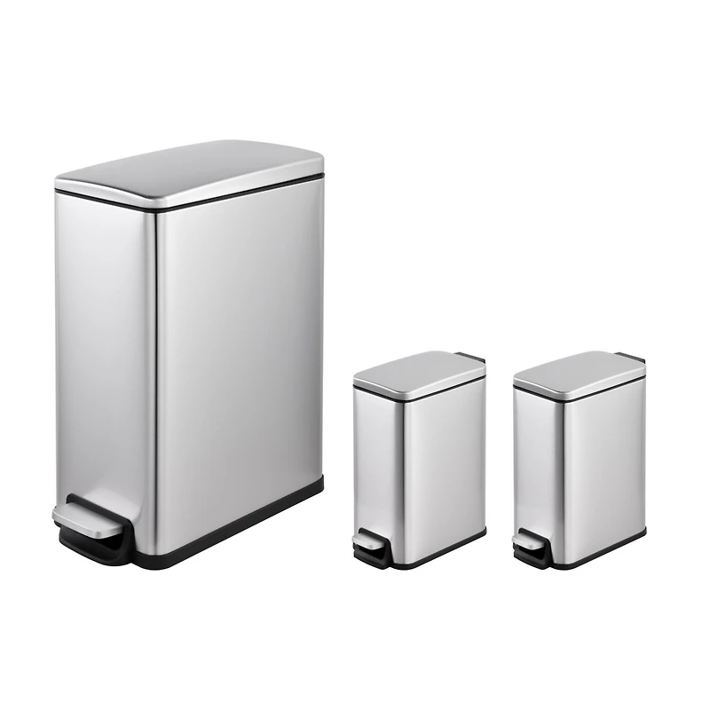 11.9 Gallon/ 45 Liter + Two 1.6 Gallon/6 Liter Rectangular Step-on Trash Can Set For Bathroom and Kitchen
