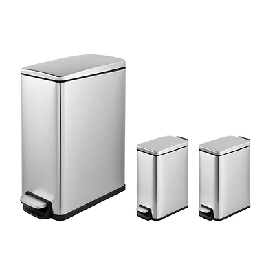 11.9 Gallon/ 45 Liter + Two 1.6 Gallon/6 Liter Rectangular Step-on Trash Can Set For Bathroom and Kitchen