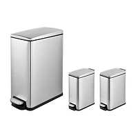 11.9 Gallon/ 45 Liter + Two 1.6 Gallon/6 Liter Rectangular Step-on Trash Can Set For Bathroom and Kitchen
