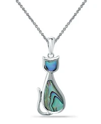 Macys Abalone Or Pink Shell Inlay Cat Pendant Necklace Fishhook Earrings