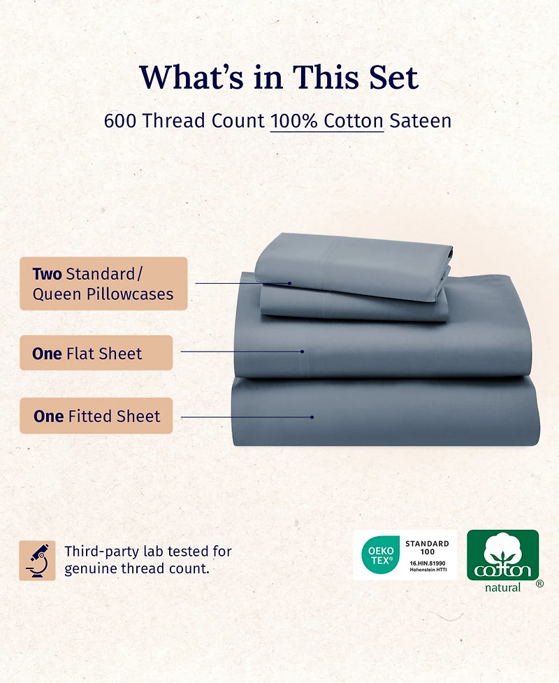 5-Star Luxury Sheet Set, 600 Thread Count Cotton Sateen, Soft & Crisp Bed Sheets