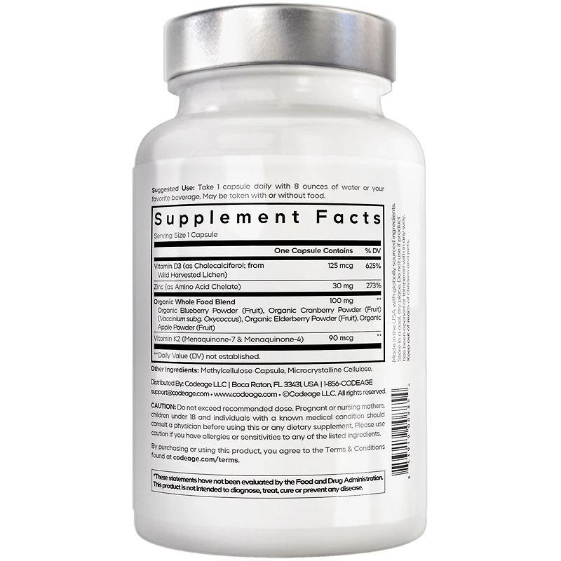 Amen Vitamin D, K2 & Zinc, Cholecalciferol D3 5000 Iu, Organic Whole Food Blend with Apple, Blueberry, Cranberry, Elderberry Powder Fruits, D3 K2 Vita
