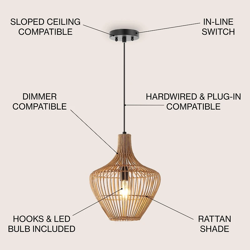 Lucas Farmhouse Coastal Rattan Led Pendant