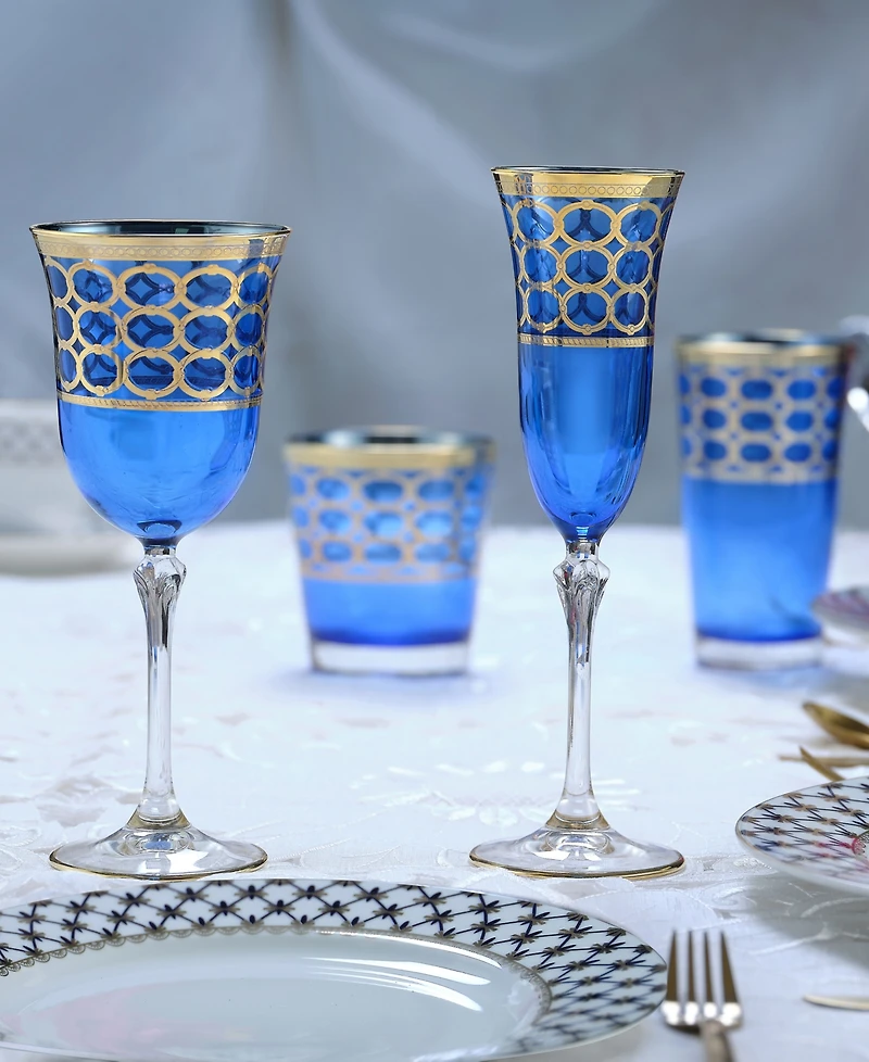 Lorren Home Trends Cobalt Blue White Wine Goblet with Gold-Tone Rings, Set of 4