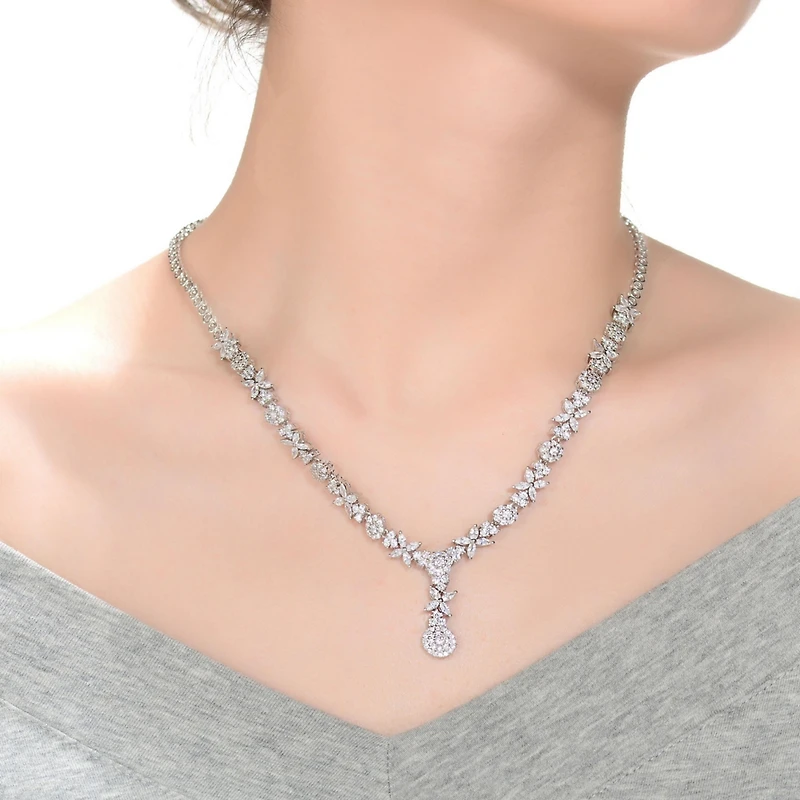 Genevive Chic Sterling Silver White Gold Plated Cubic Zirconia Drop Necklace