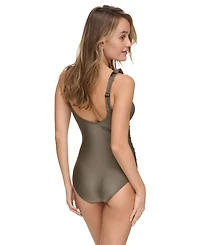 Dkny Ruffle Plunge Underwire Tummy Control One-Piece Swimsuit, Created for Macy's