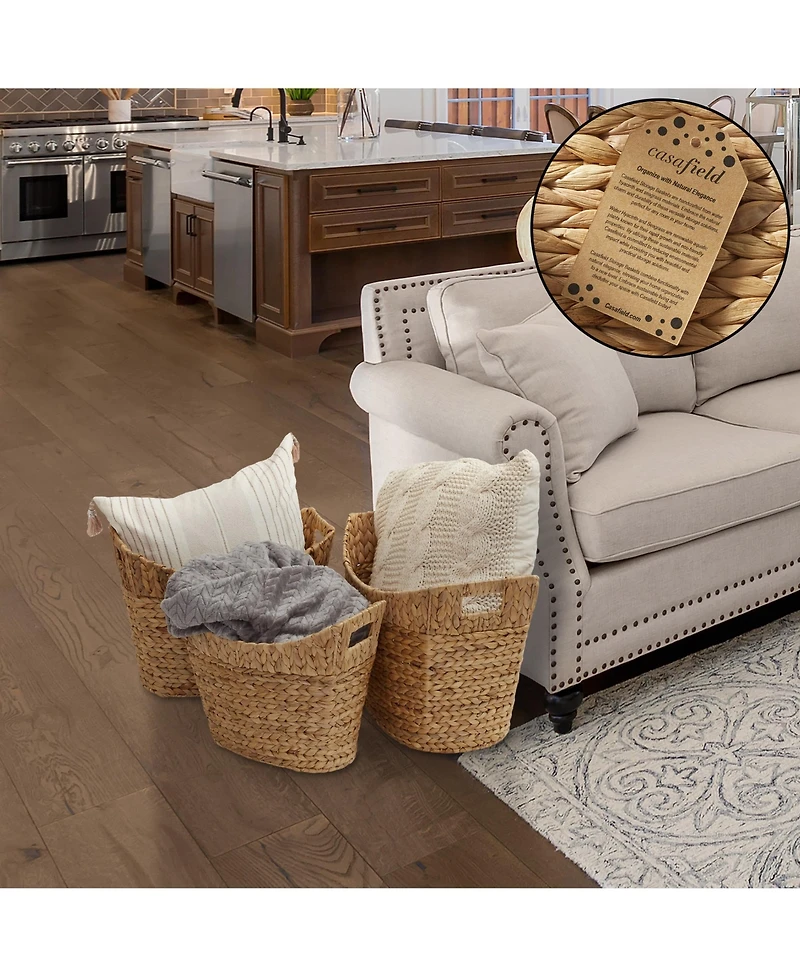 Casafield Set of 3 Oval Baskets with Handles - Natural, Water Hyacinth Woven Storage Totes for Blankets, Laundry, Bathroom, Bedroom, Living Room