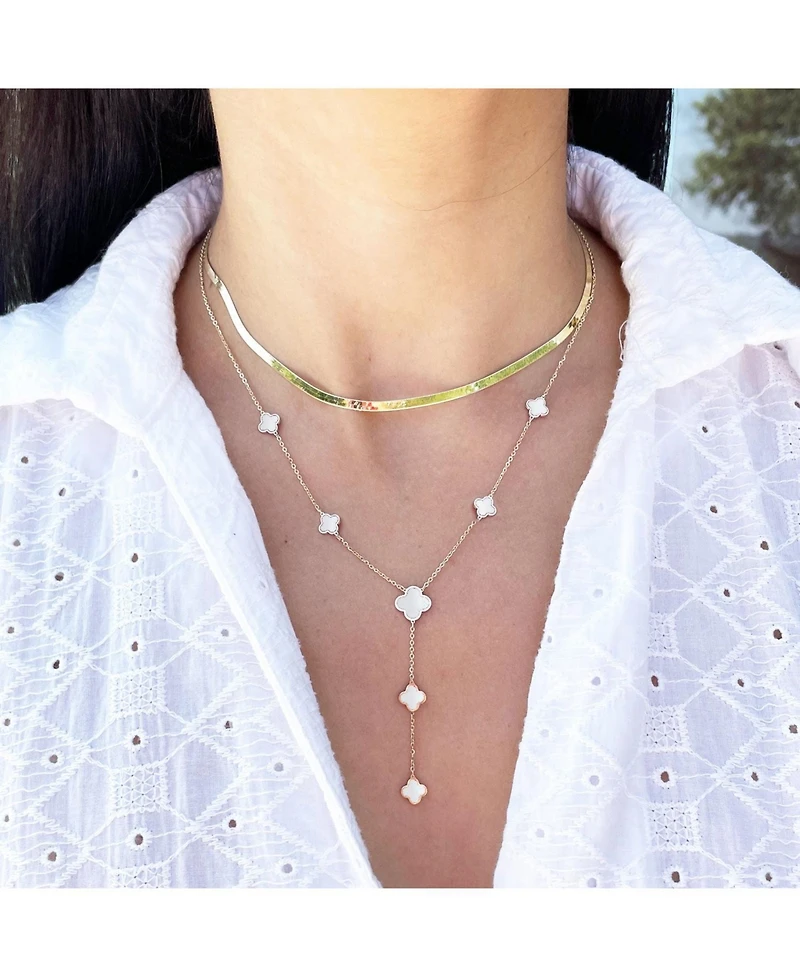The Lovery Mother of Pearl Clover Station Lariat Necklace 14K Yellow Gold