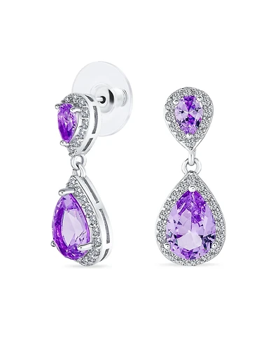 Bling Jewelry Fashion Purple Cz Halo Teardrop Drop Earrings Lavender Cubic Zirconia Rhodium Plated Brass