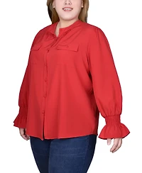 Ny Collection Plus Long Sleeve Y Neck Blouse