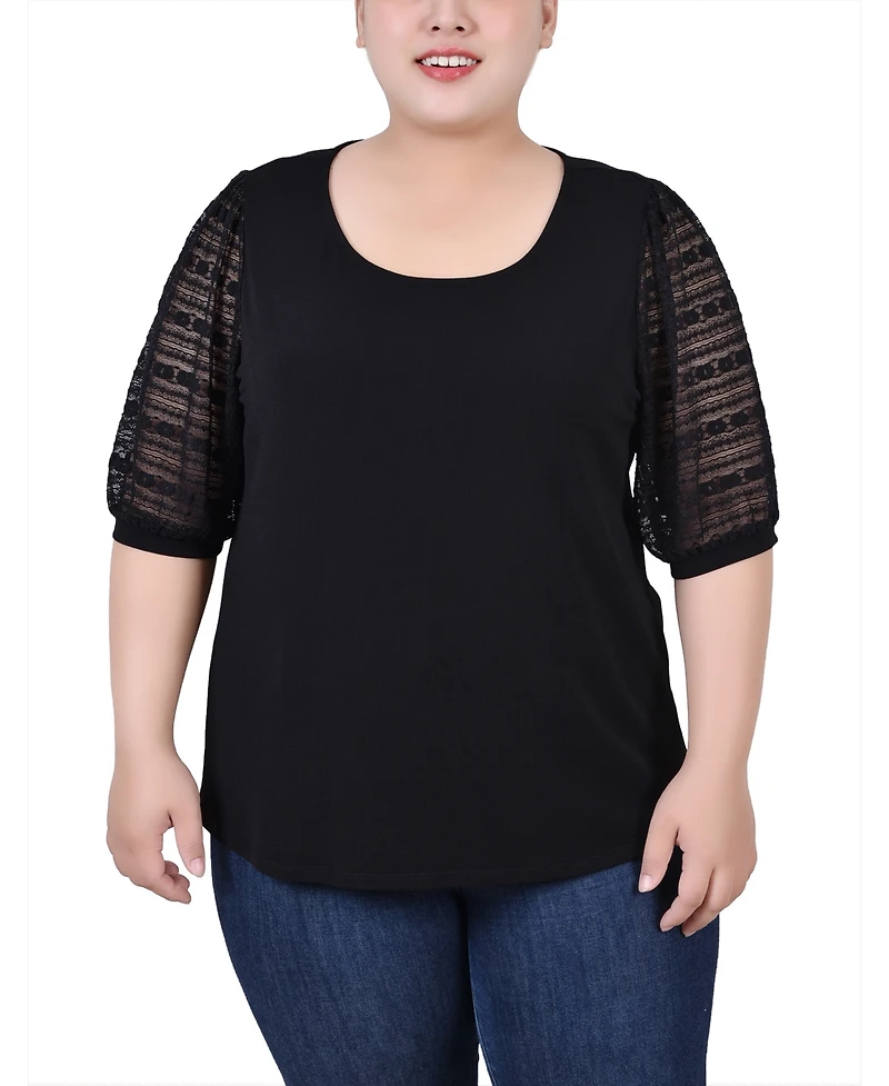 Ny Collection Plus Size Short Burnout Sleeve Scoop Neck Top